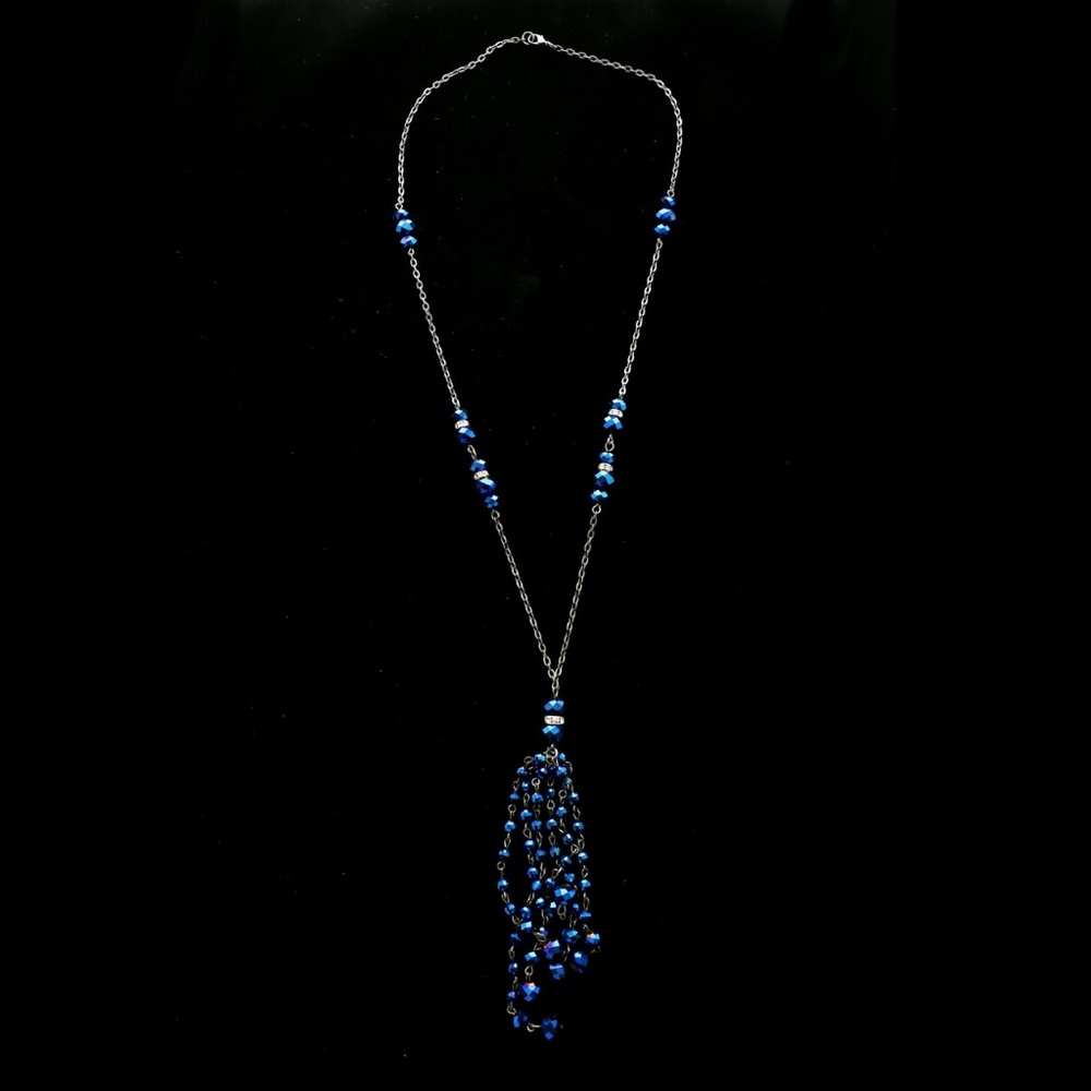 Crystal Faceted Y-Necklace Gunmetal & Blue NWOT